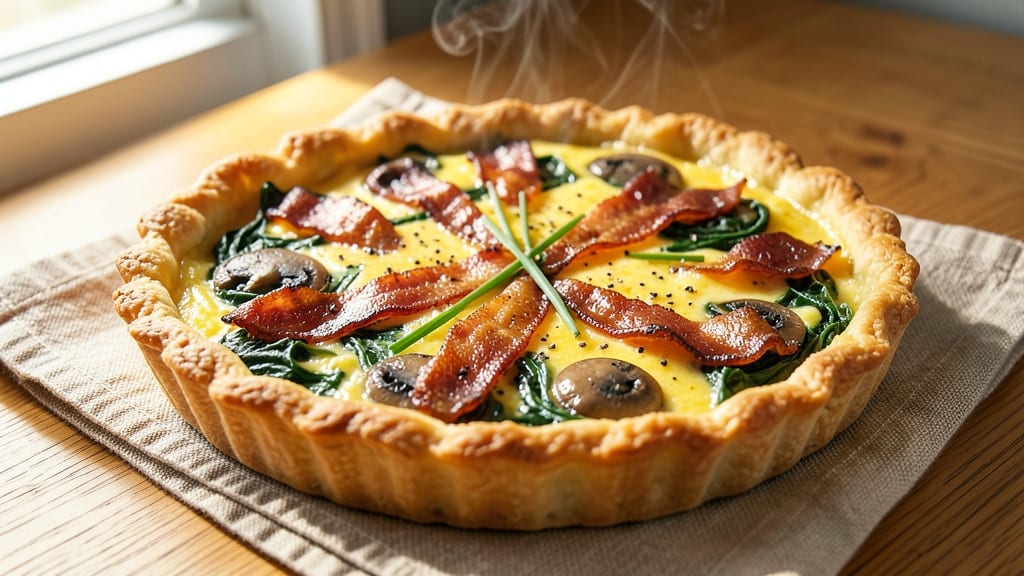 Bacon Mushroom Spinach Cheese Quiche Recipe: Flaky Crust Filled With Savory Layers