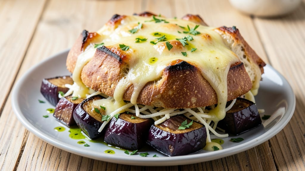 Aubergine, Kitchen Cheese, and Bread Recipe: Crispy-Golden Crust With Melty Cheese Rivers