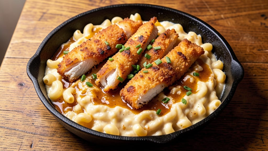 Bed Stuy Fish Fry Mac and Cheese Recipe: Crispy Beer-Battered Fish Over Creamy Cheese Layers