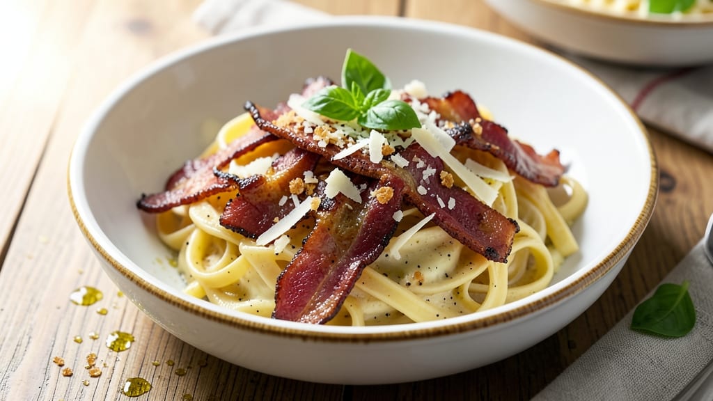 Bacon and Cheese Pasta Recipe: Crispy Bacon Bites and Stretchy Melty Threads