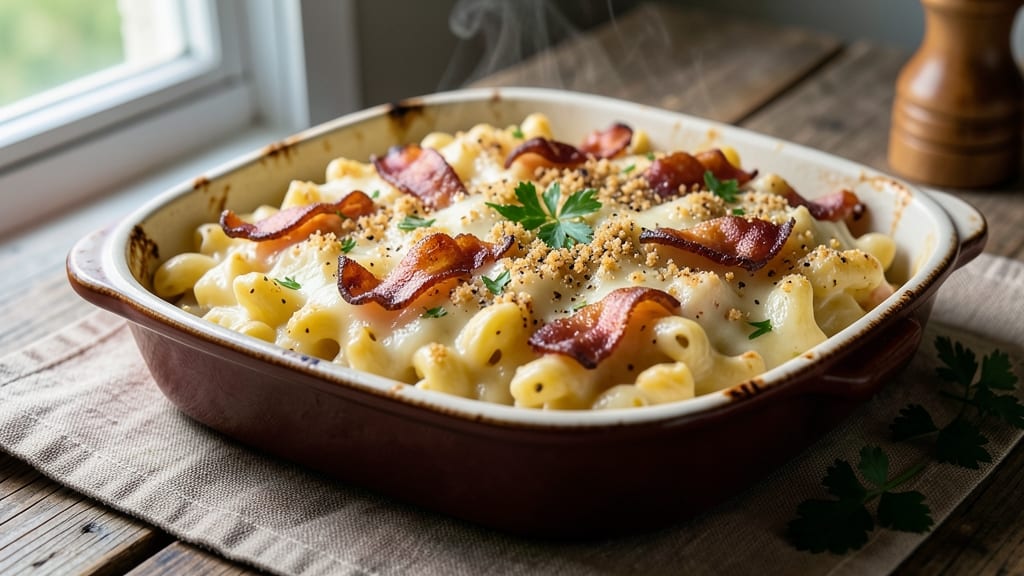 Baked Mac and Cheese Recipe with Bread Crumbs and Bacon: Crispy-Topped Comfort in One Bake