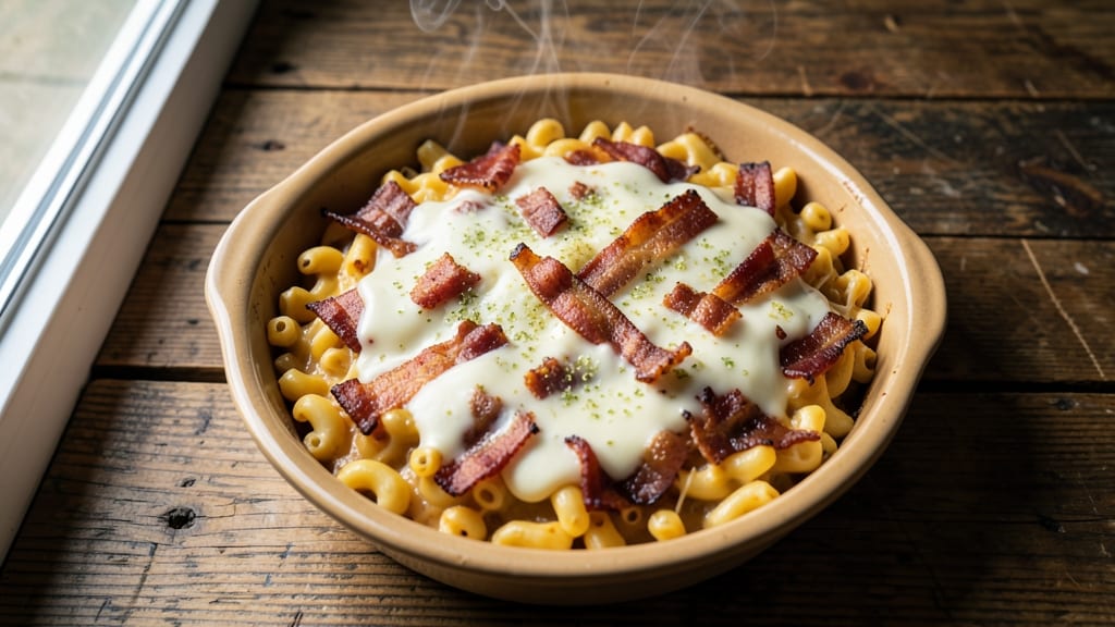 Bacon Mac and Cheese Casserole Recipe: Crispy Top, Gooey Cheese Rivers